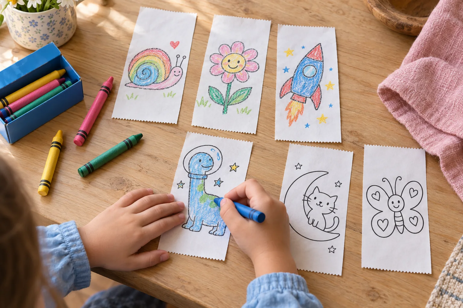 Little hands color a dinosaur beside three finished crayon drawings and two uncolored outlines, all on narrow paper slips