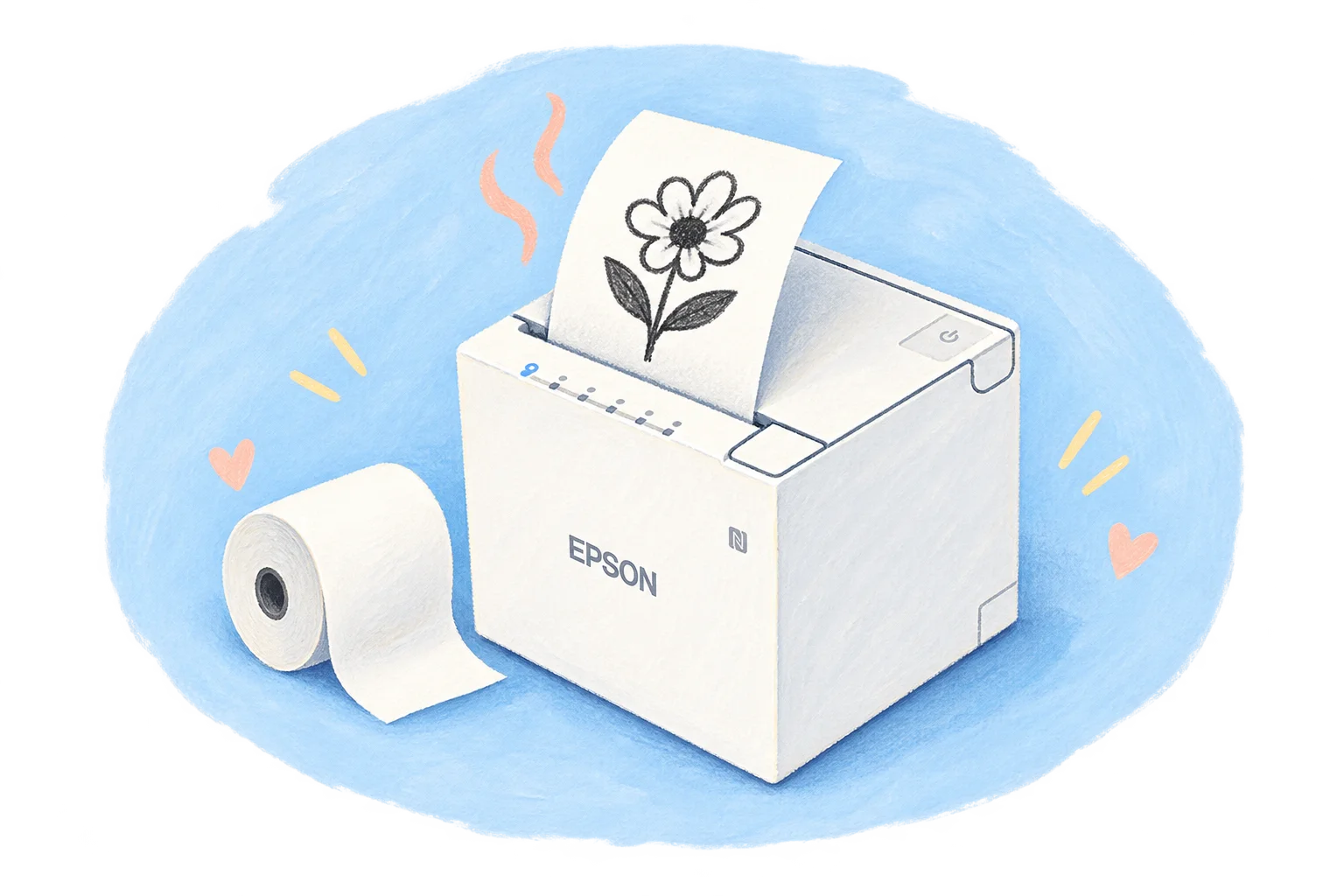 A painted white Epson receipt printer, a roll of thermal paper, and a freshly printed flower
