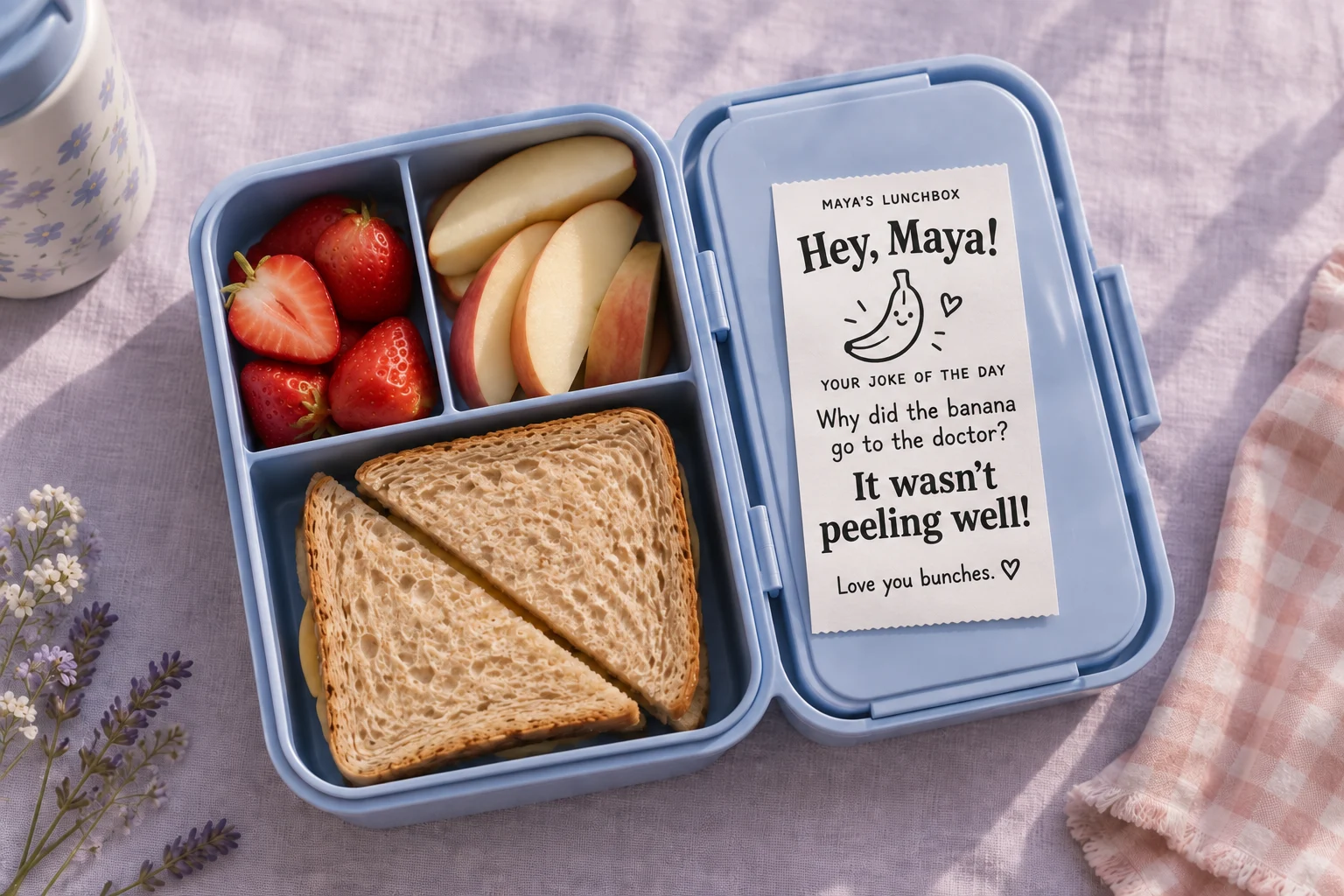 A personalized lunchbox receipt for Maya with a smiling banana and a joke of the day, tucked beside her sandwich