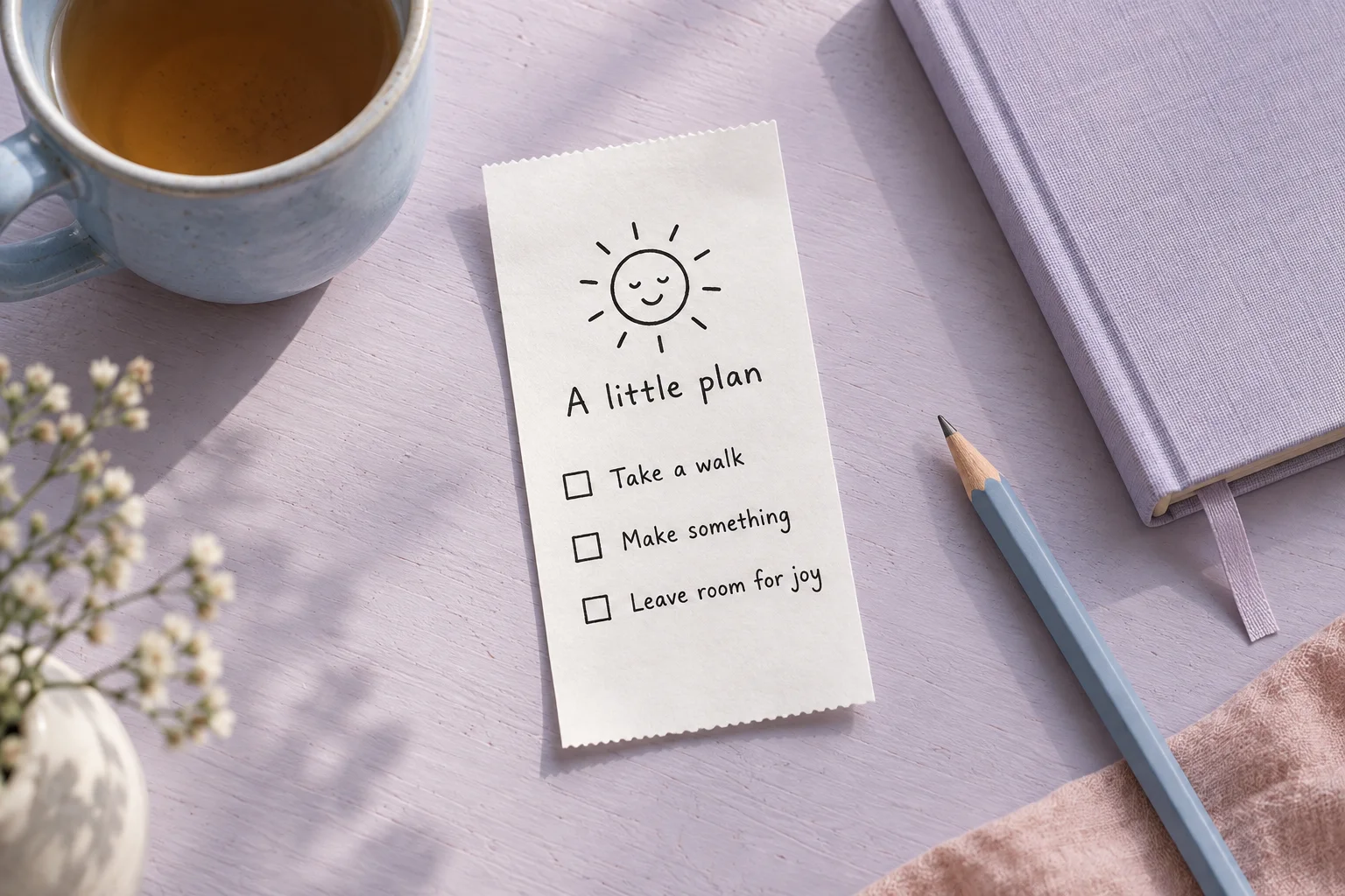 An illustrated daily list beside a powder-blue mug and lilac notebook