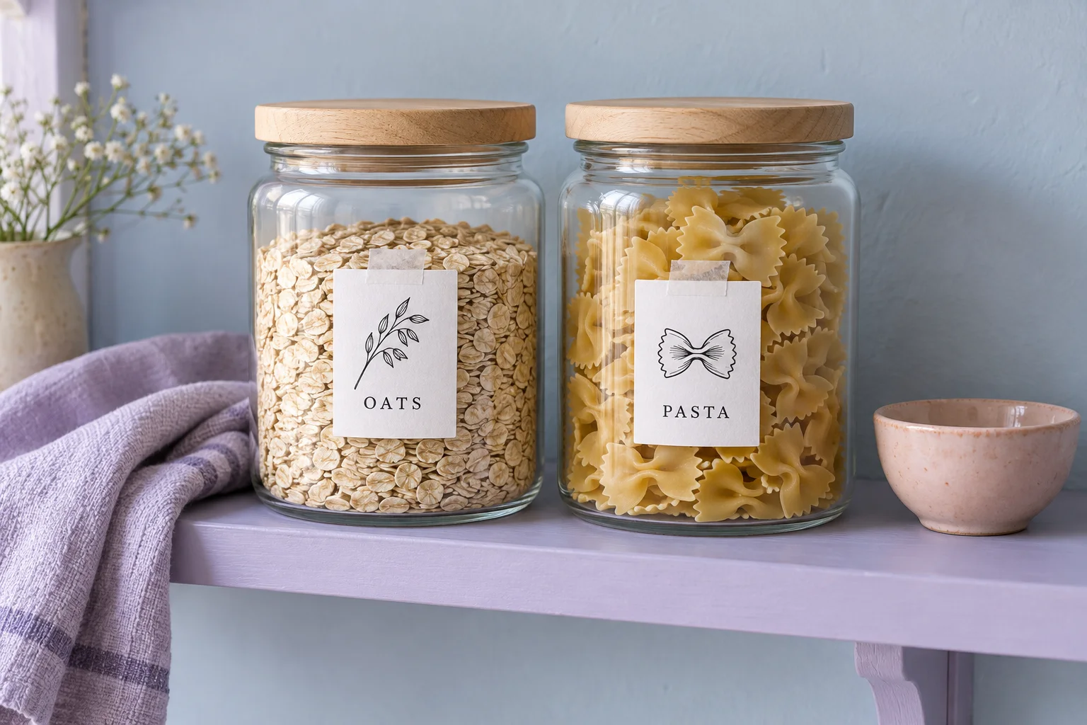 Glass pantry jars with illustrated black-and-white oats and pasta labels on a lavender shelf