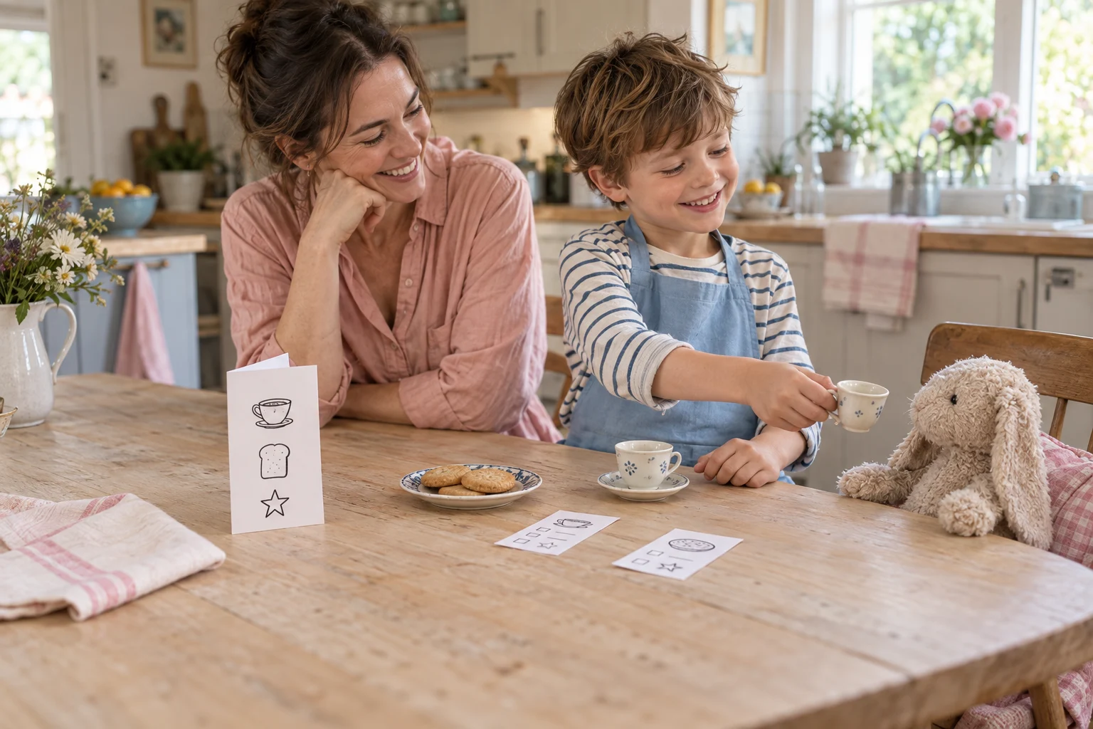 A mother and child turn their kitchen table into a pretend café, with tiny cups, a stuffed rabbit, and little paper menus