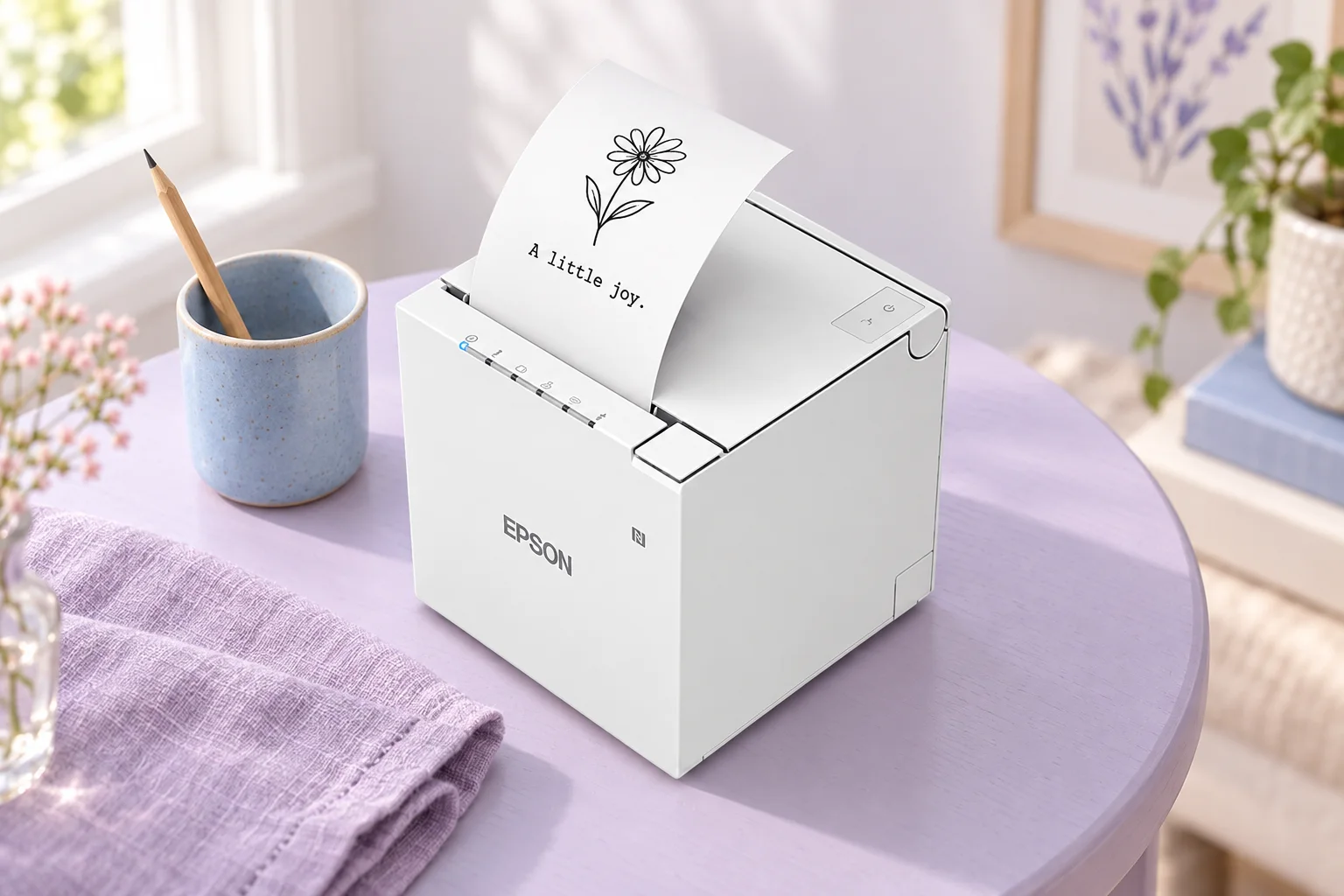 The white Epson TM-m30III on a lavender table, printing a little illustrated note