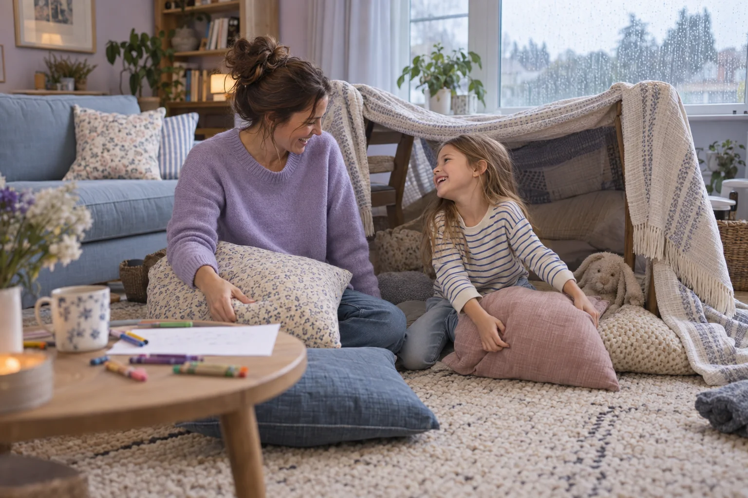 A mother and daughter laughing as they build a blanket fort on a rainy afternoon